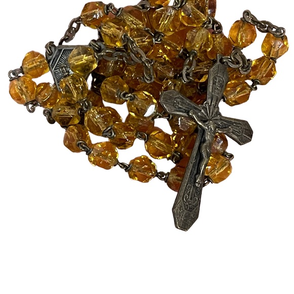 Vintage Amber glass bead crystal Crucifix necklace Catholic Rosalry religious - Picture 11 of 14